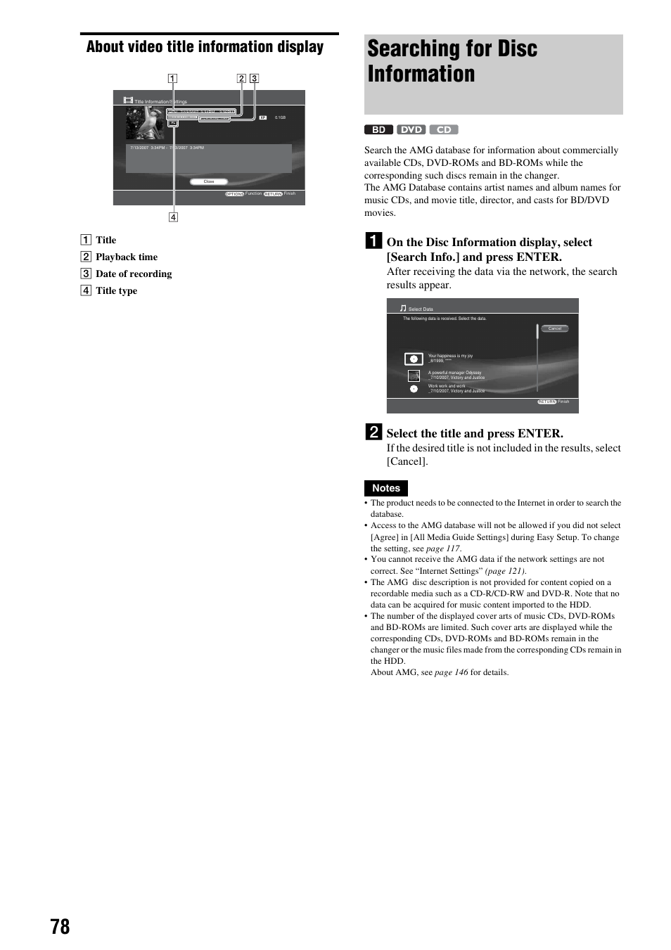 About video title information display, Searching for disc information, Select the title and press enter | Sony HES-V1000 User Manual | Page 78 / 155