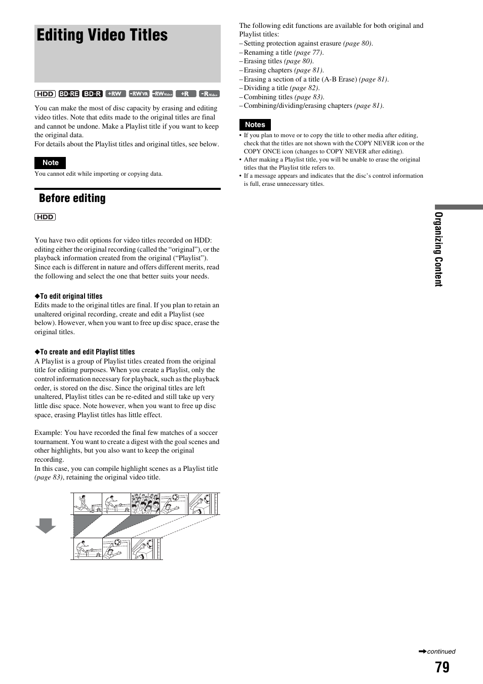 Editing video titles, Before editing | Sony HES-V1000 User Manual | Page 79 / 155