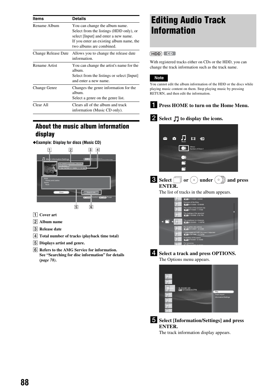 About the music album information display, Editing audio track information, Press home to turn on the home menu | Select to display the icons, Select or under and press enter, Select a track and press options, Select [information/settings] and press enter, The list of tracks in the album appears, The options menu appears, The track information display appears | Sony HES-V1000 User Manual | Page 88 / 155