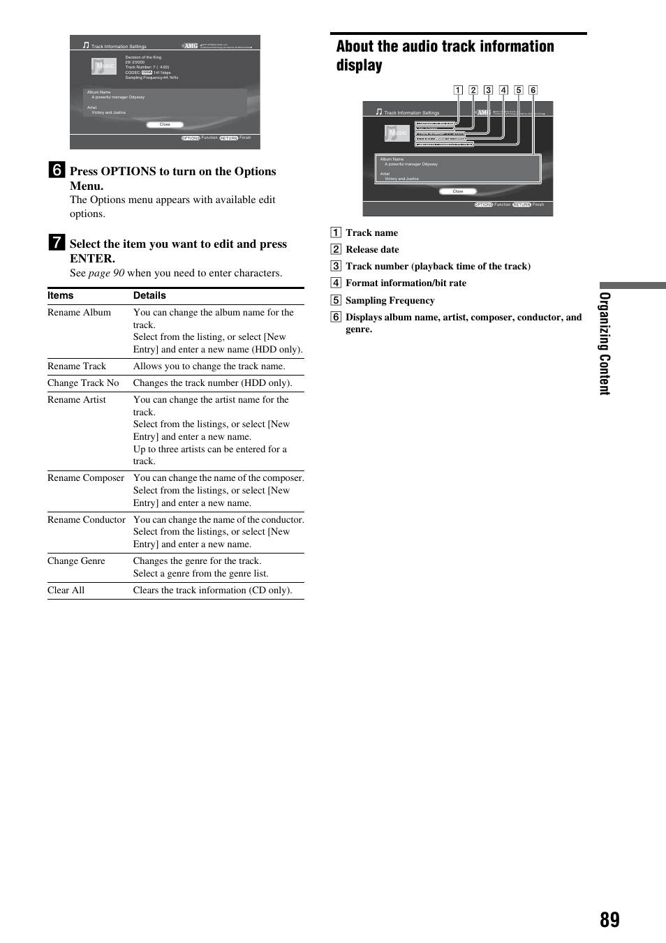 About the audio track information display, Or gani zing con tent, Press options to turn on the options menu | Select the item you want to edit and press enter | Sony HES-V1000 User Manual | Page 89 / 155