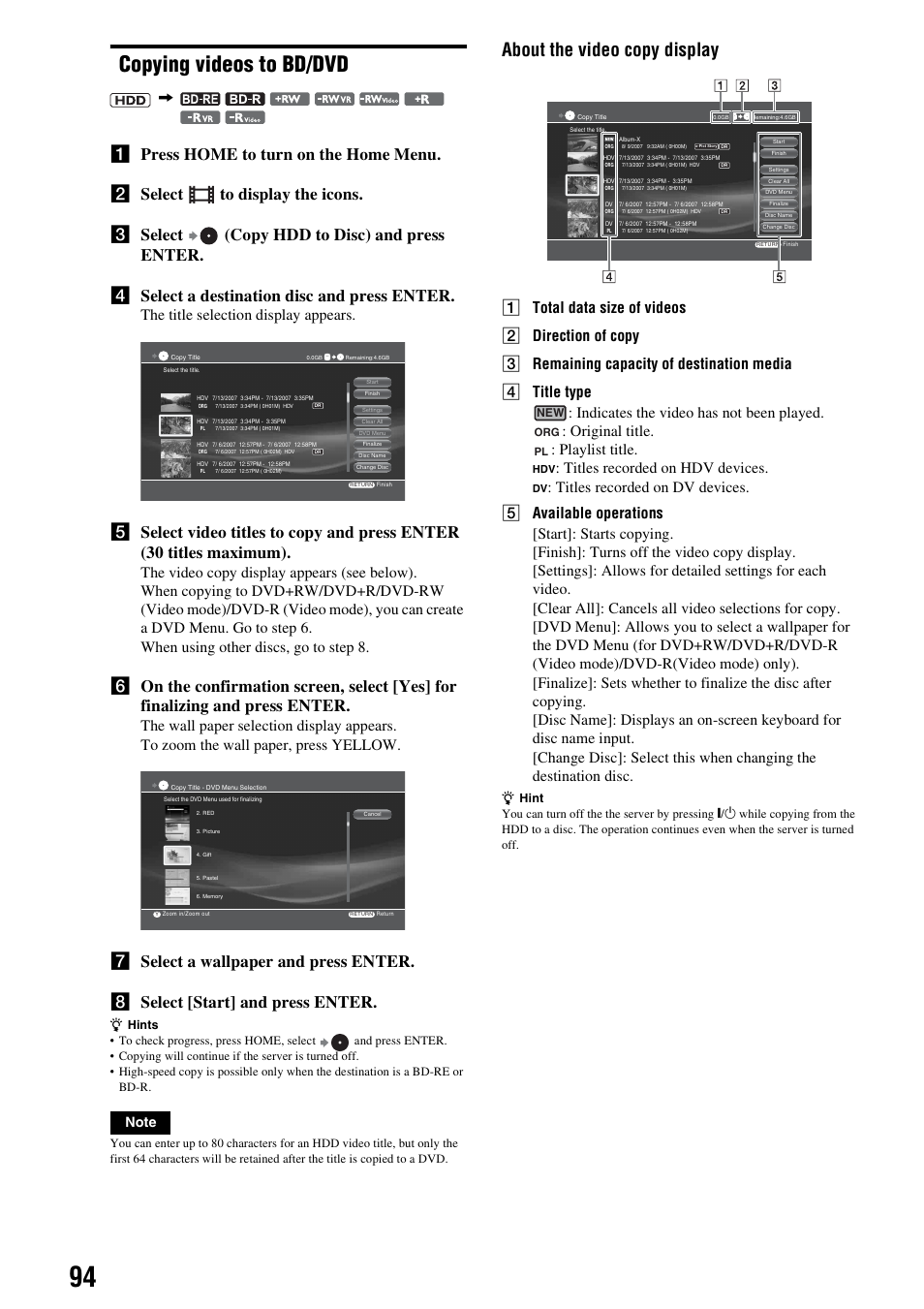 Copying videos to bd/dvd, About the video copy display, The title selection display appears | Titles recorded on hdv devices | Sony HES-V1000 User Manual | Page 94 / 155