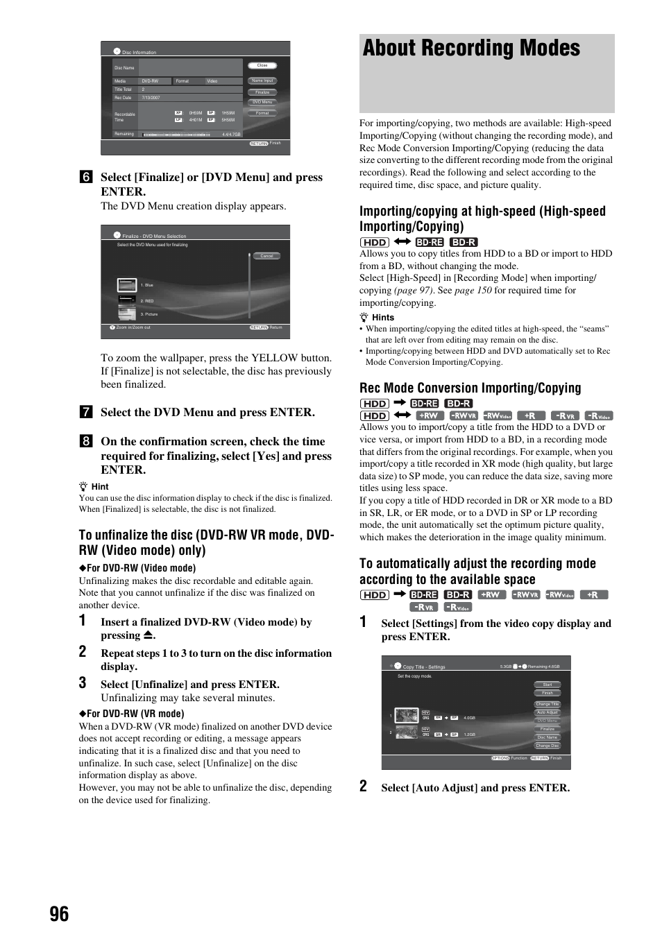 About recording modes, Rec mode conversion importing/copying, F select [finalize] or [dvd menu] and press enter | Select [auto adjust] and press enter | Sony HES-V1000 User Manual | Page 96 / 155