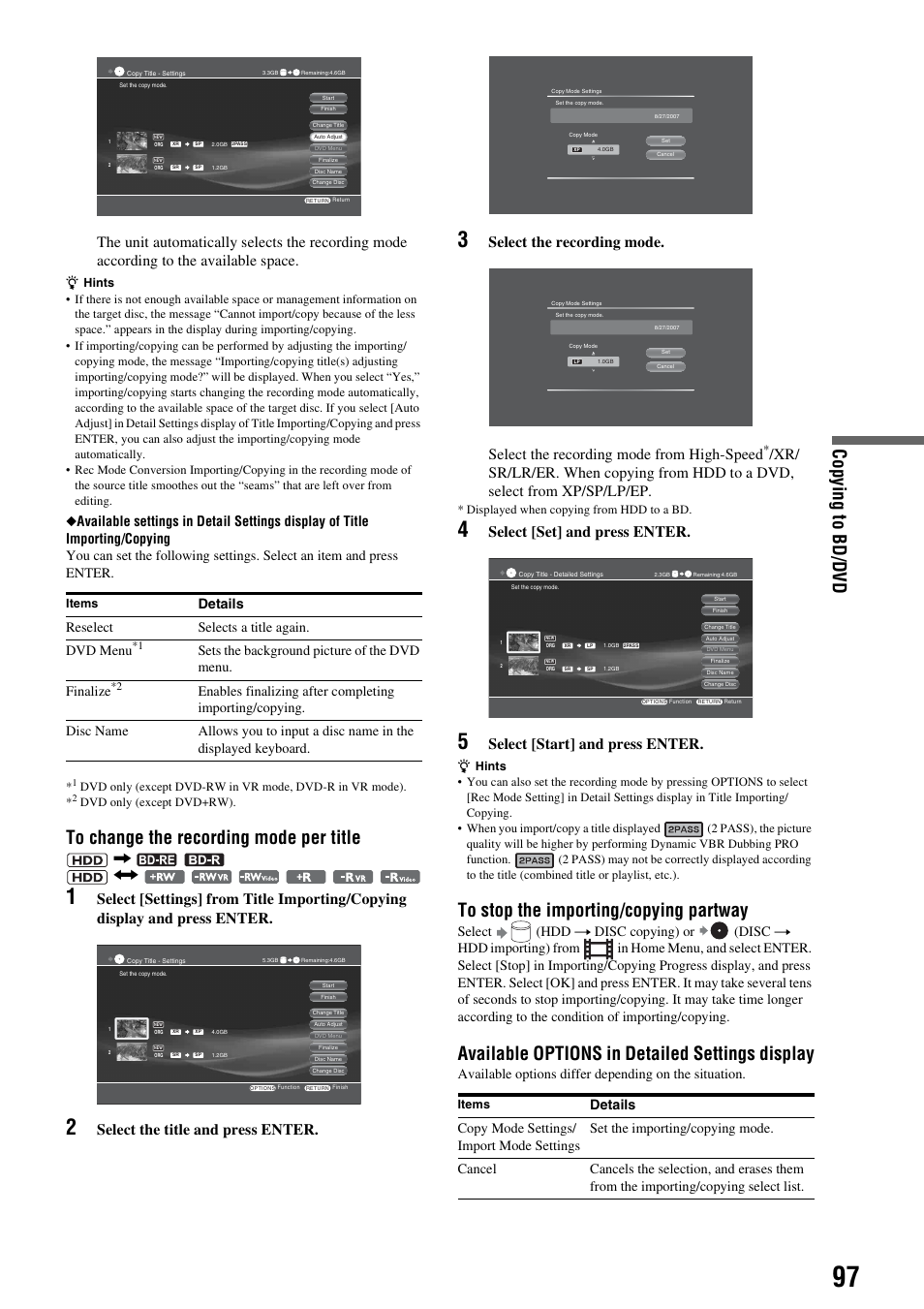 Copying to b d /d vd, Available options in detailed settings display, Select the title and press enter | Select [set] and press enter, Select [start] and press enter, Details reselect selects a title again. dvd menu | Sony HES-V1000 User Manual | Page 97 / 155
