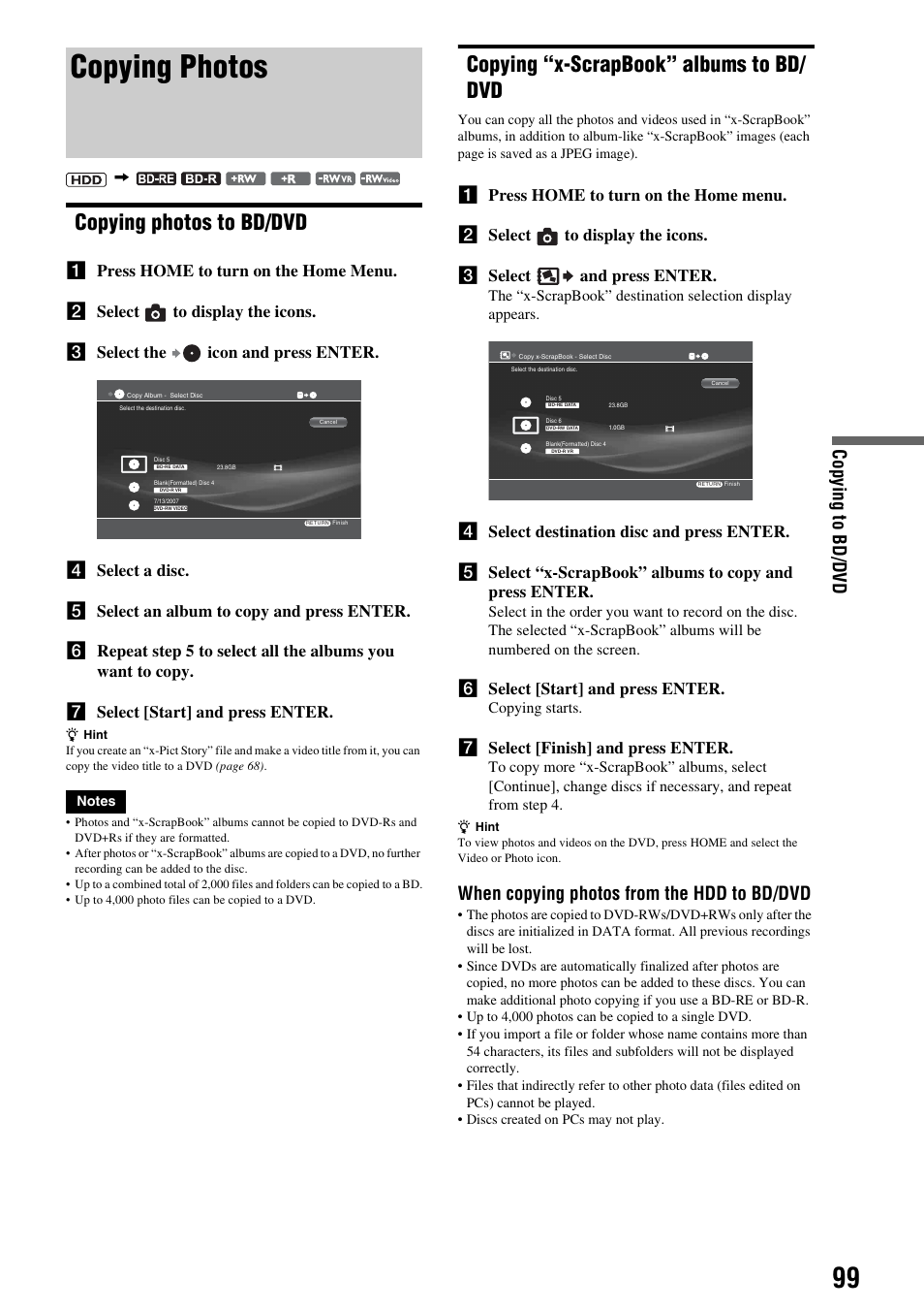 Copying photos, Copying photos to bd/dvd, Copying “x-scrapbook” albums to bd/ dvd | Copying to b d /d vd, When copying photos from the hdd to bd/dvd, F select [start] and press enter, G select [finish] and press enter | Sony HES-V1000 User Manual | Page 99 / 155