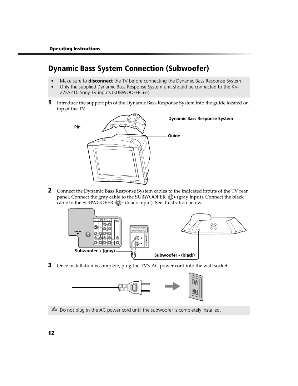 Dynamic bass system connection (subwoofer), Operating instructions, Dynamic bass response system pin guide | Subwoofer + (gray) subwoofer - (black) | Sony KV-27FA210 User Manual | Page 20 / 56