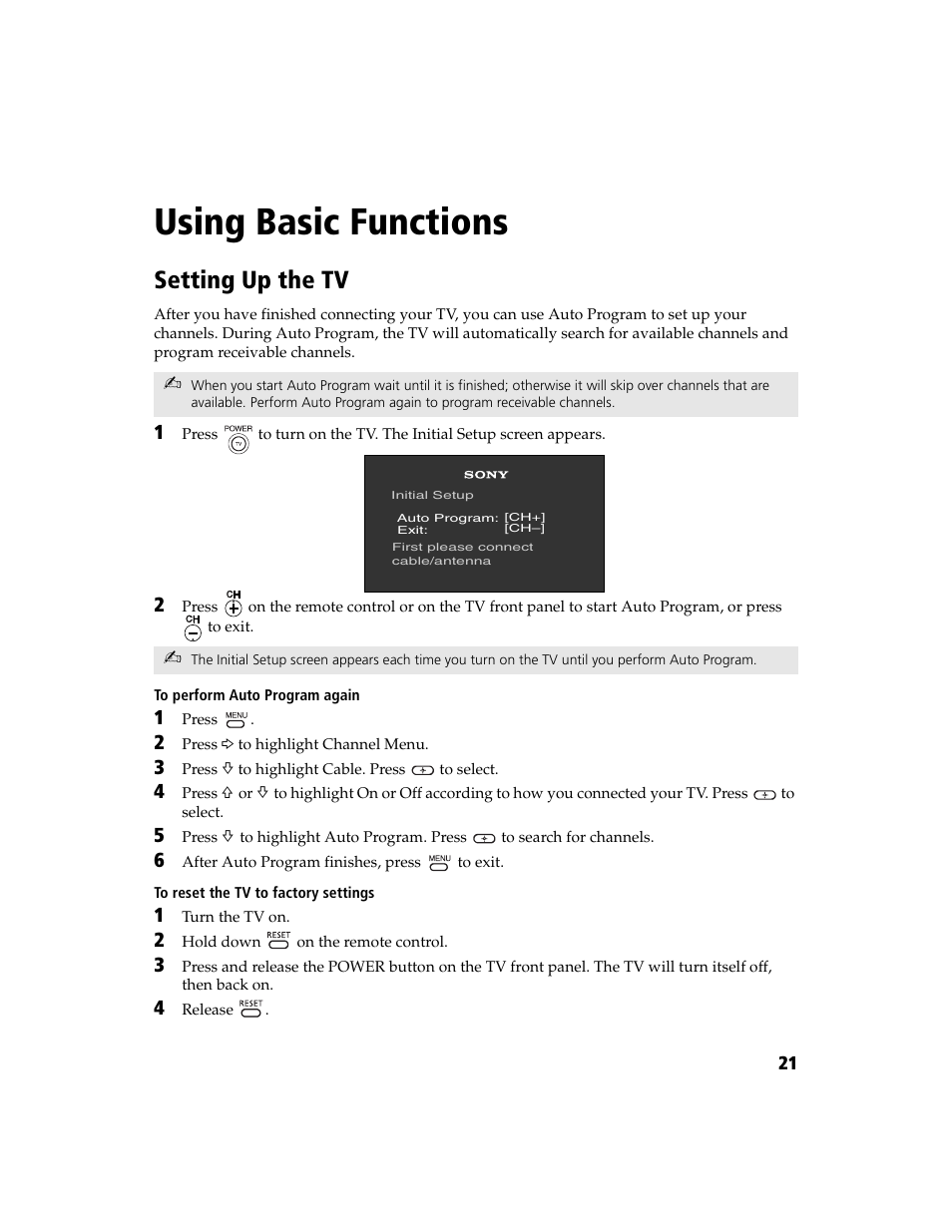 Using basic functions, Setting up the tv | Sony KV-27FA210 User Manual | Page 29 / 56