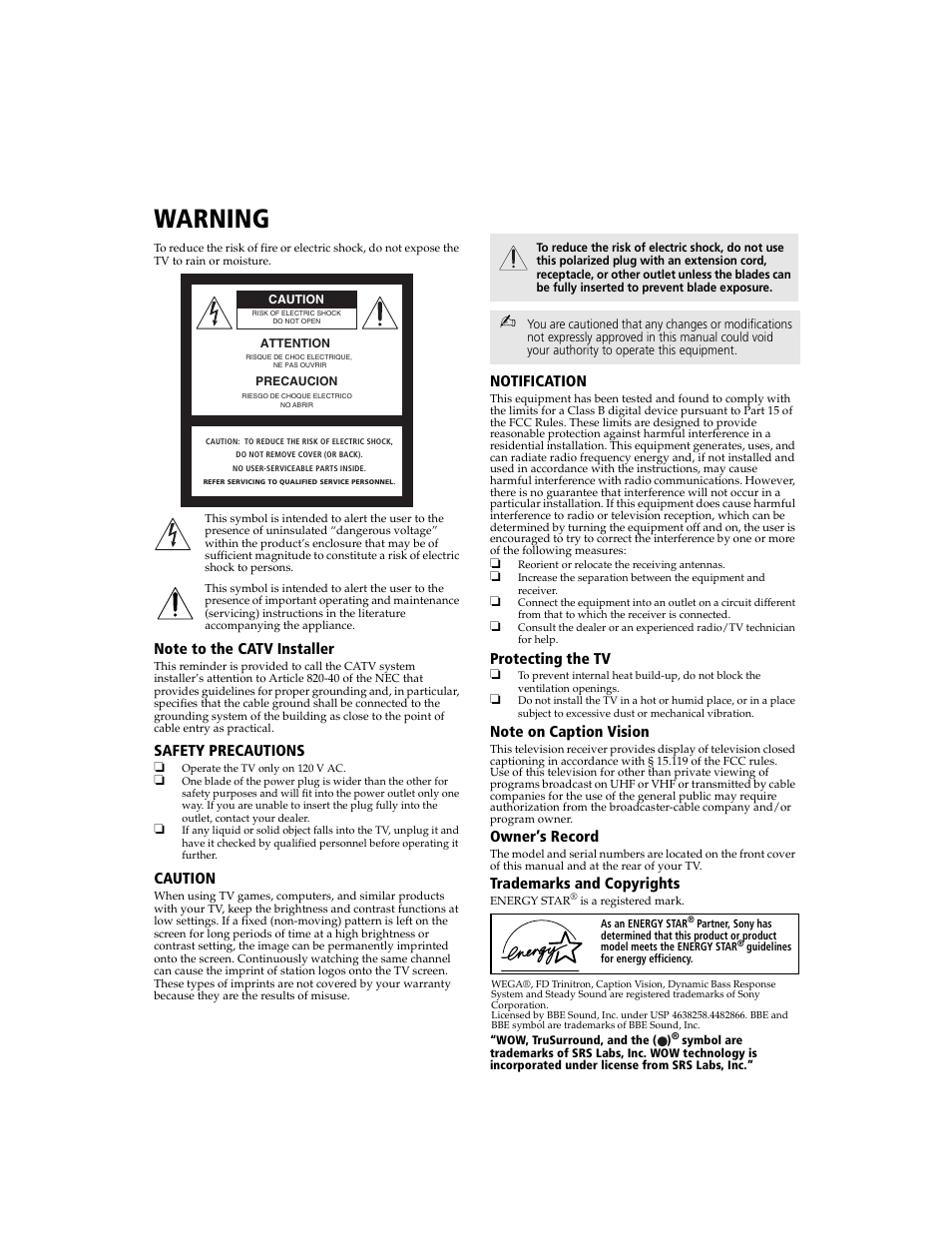 Warning, Note to the catv installer, Safety precautions | Caution, Notification, Protecting the tv, Note on caption vision, Owner’s record, Trademarks and copyrights, Connecting additional equipment | Sony KV-27FA210 User Manual | Page 3 / 56