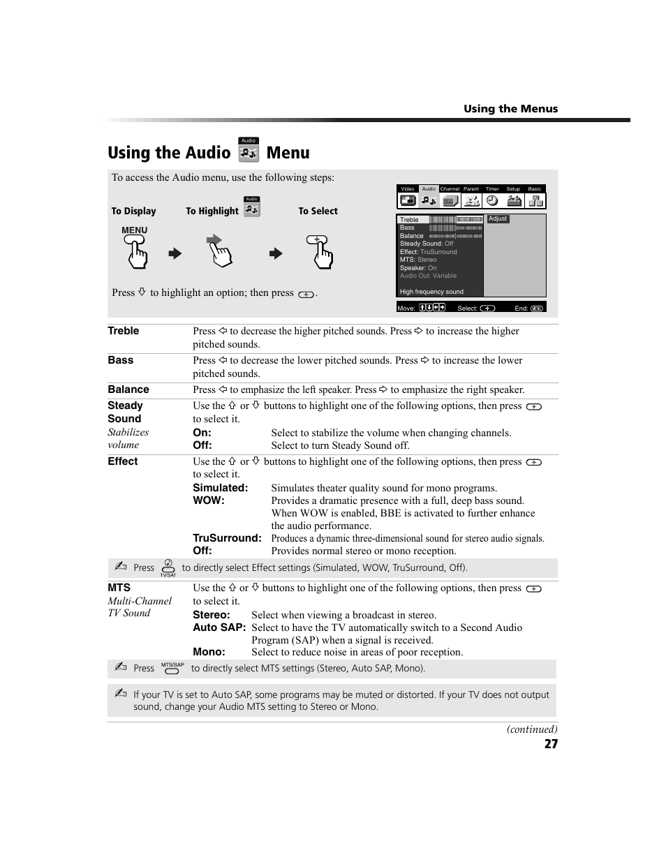 Using the audio menu | Sony KV-27FA210 User Manual | Page 35 / 56