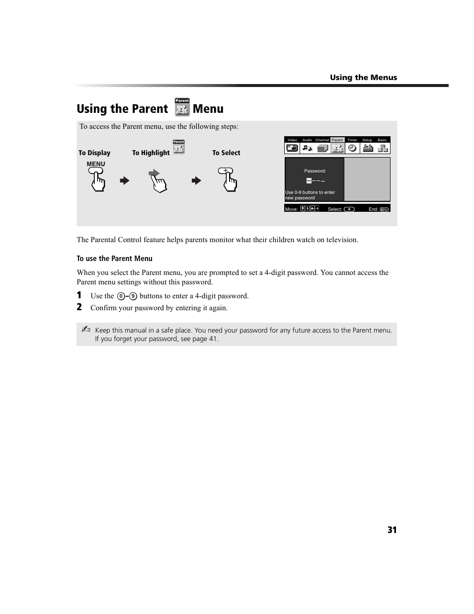 Using the parent menu | Sony KV-27FA210 User Manual | Page 39 / 56