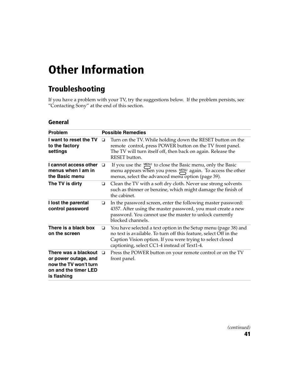 Other information, Troubleshooting | Sony KV-27FA210 User Manual | Page 49 / 56