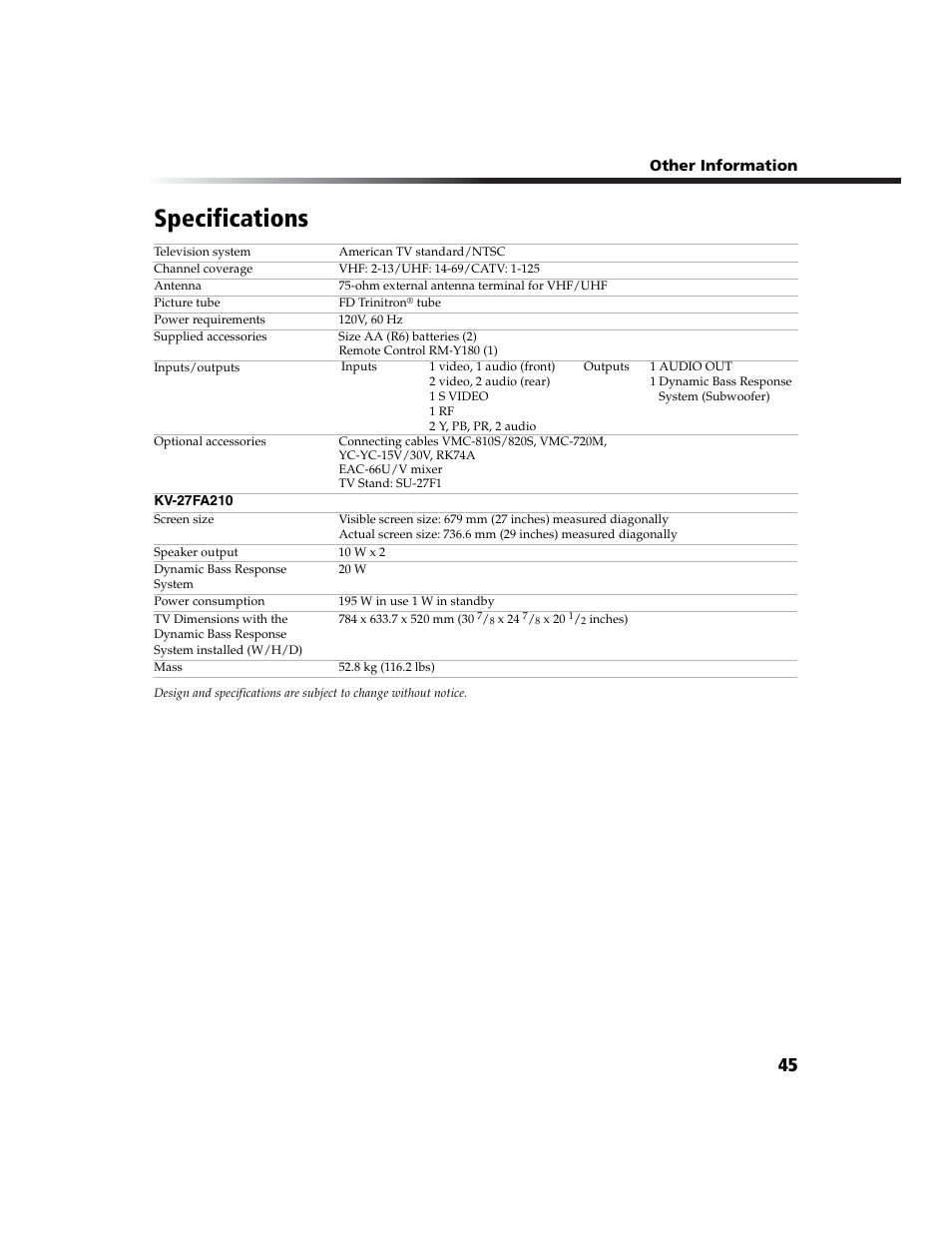 Specifications | Sony KV-27FA210 User Manual | Page 53 / 56