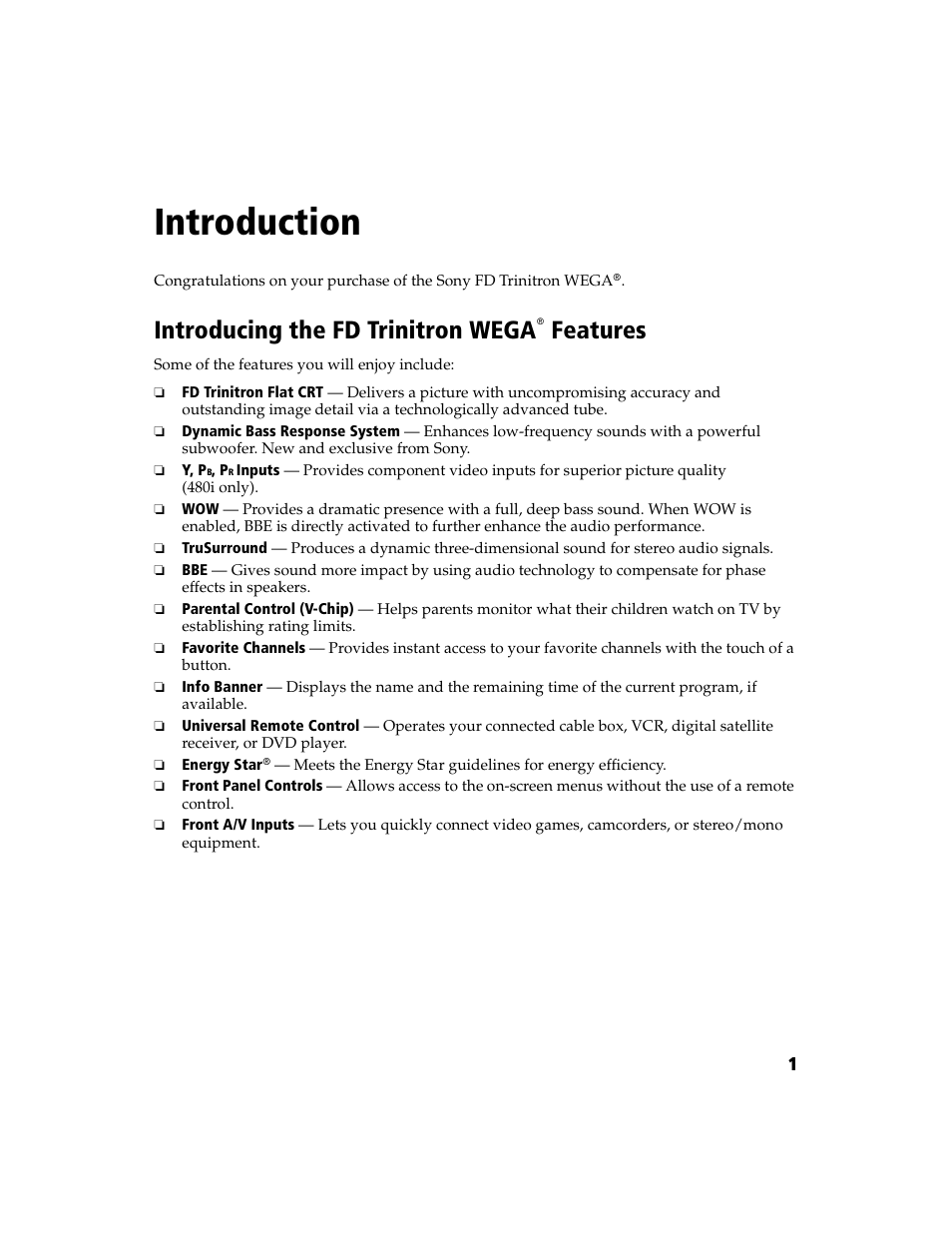 Introduction, Introducing the fd trinitron wega features, Introducing the fd trinitron wega | Sony KV-27FA210 User Manual | Page 9 / 56