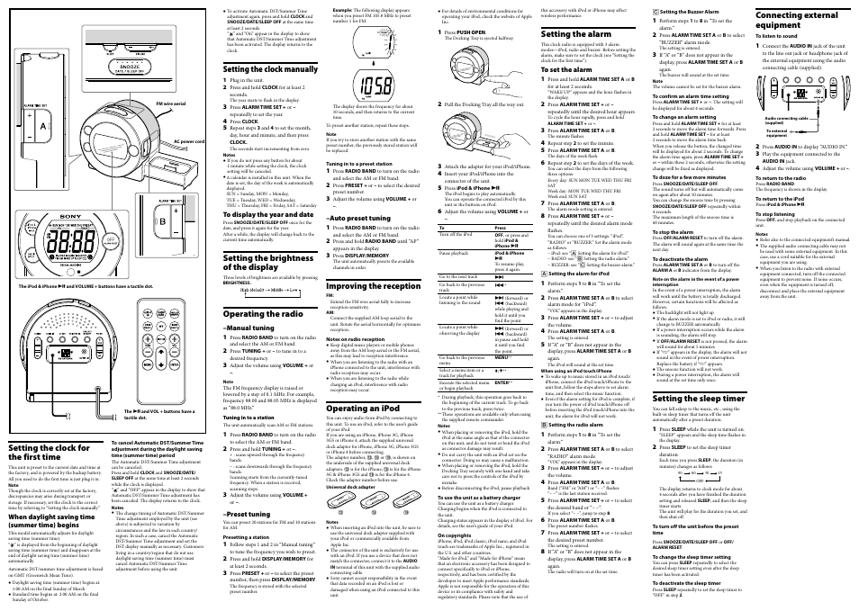 Setting the clock manually, Setting the brightness of the display, Operating the radio | Improving the reception, Operating an ipod, Setting the clock for the first time, Setting the alarm, Setting the sleep timer, Connecting external equipment | Sony ICF-C7IP User Manual | Page 2 / 2