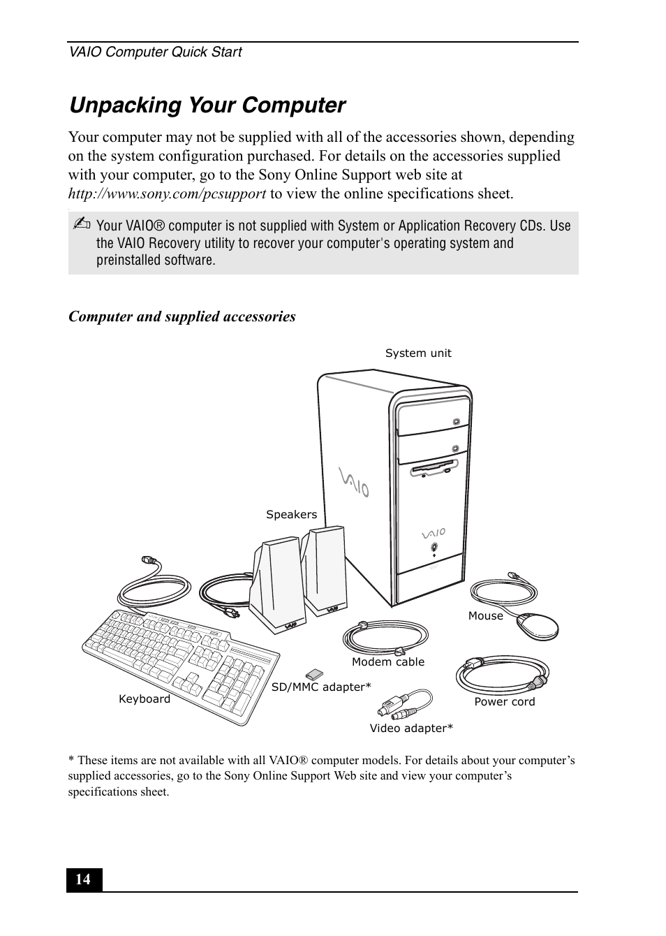 Unpacking your computer, Computer and supplied accessories | Sony PCV-RS600 User Manual | Page 14 / 48