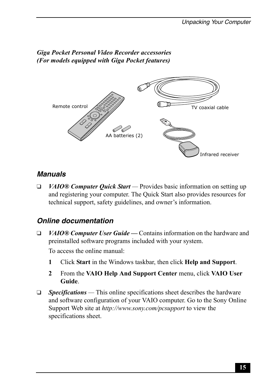 Manuals, Online documentation | Sony PCV-RS600 User Manual | Page 15 / 48