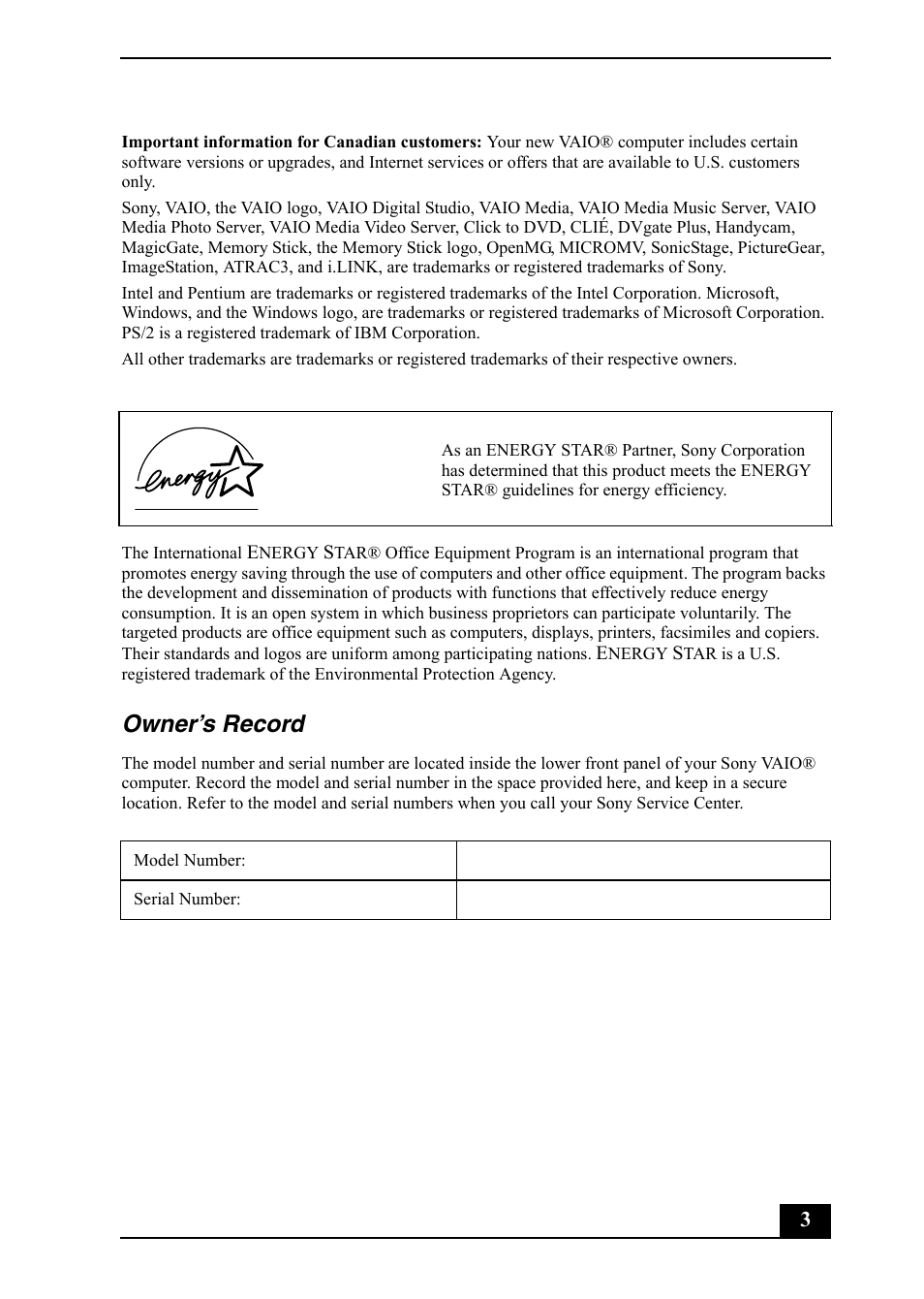 Owner’s record | Sony PCV-RS600 User Manual | Page 3 / 48