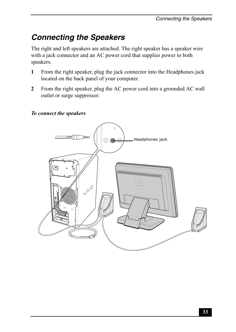 Connecting the speakers | Sony PCV-RS600 User Manual | Page 33 / 48