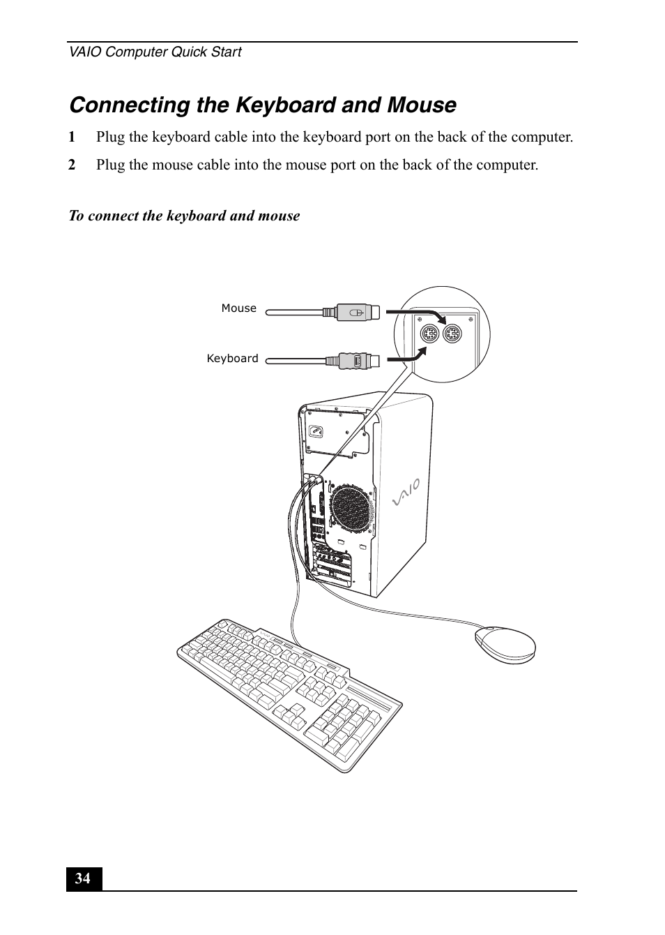 Connecting the keyboard and mouse | Sony PCV-RS600 User Manual | Page 34 / 48