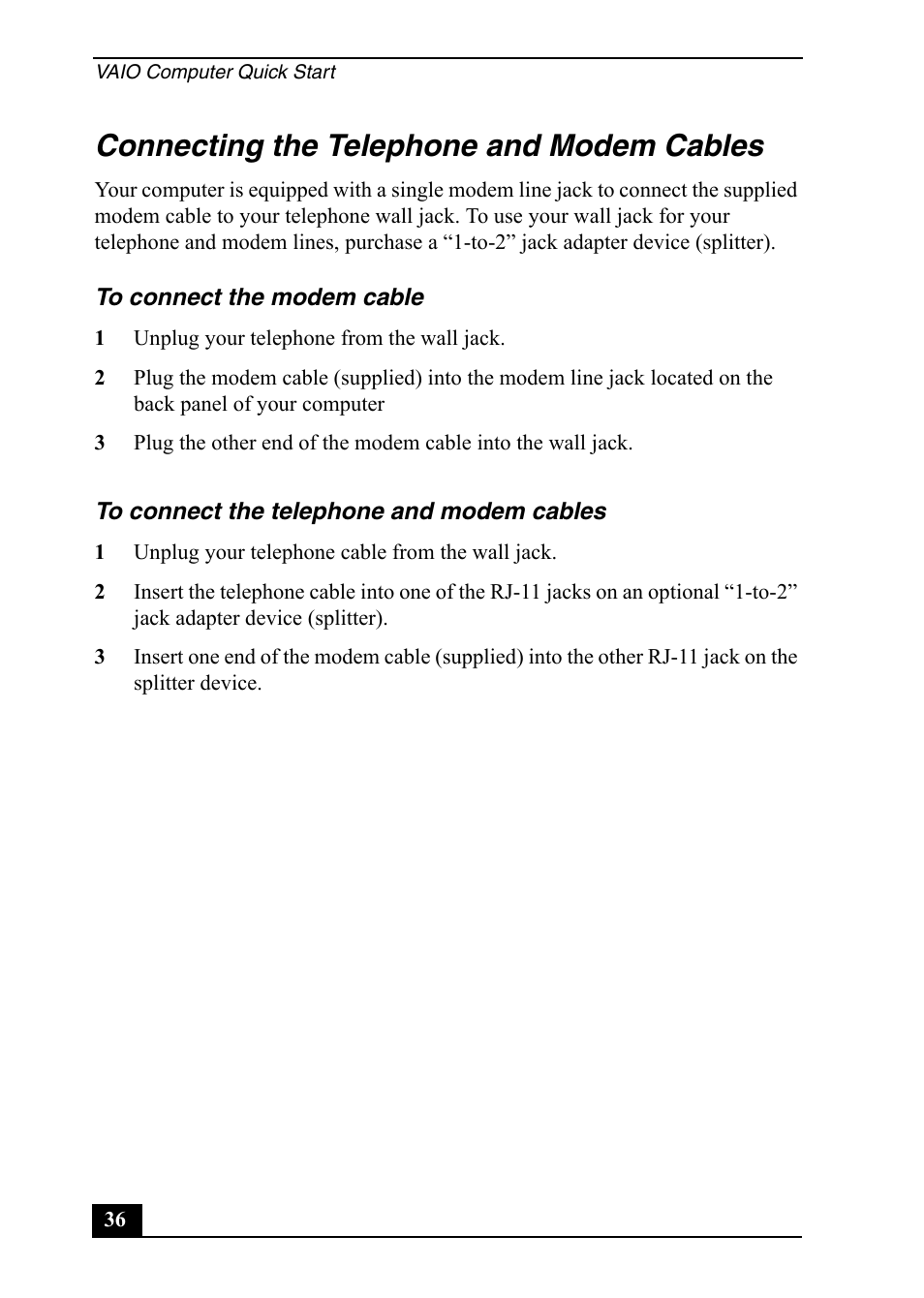 Connecting the telephone and modem cables | Sony PCV-RS600 User Manual | Page 36 / 48