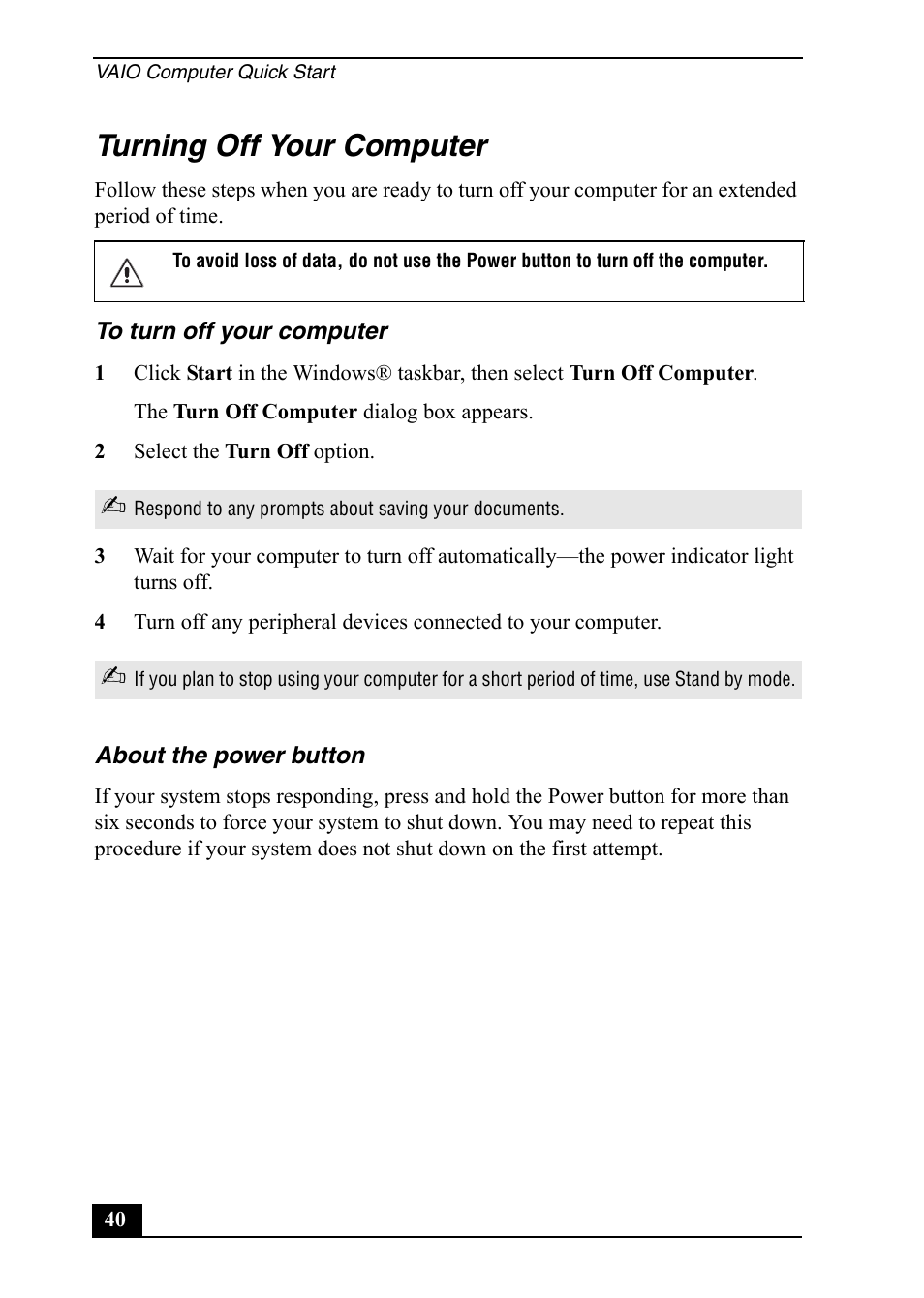 Turning off your computer | Sony PCV-RS600 User Manual | Page 40 / 48