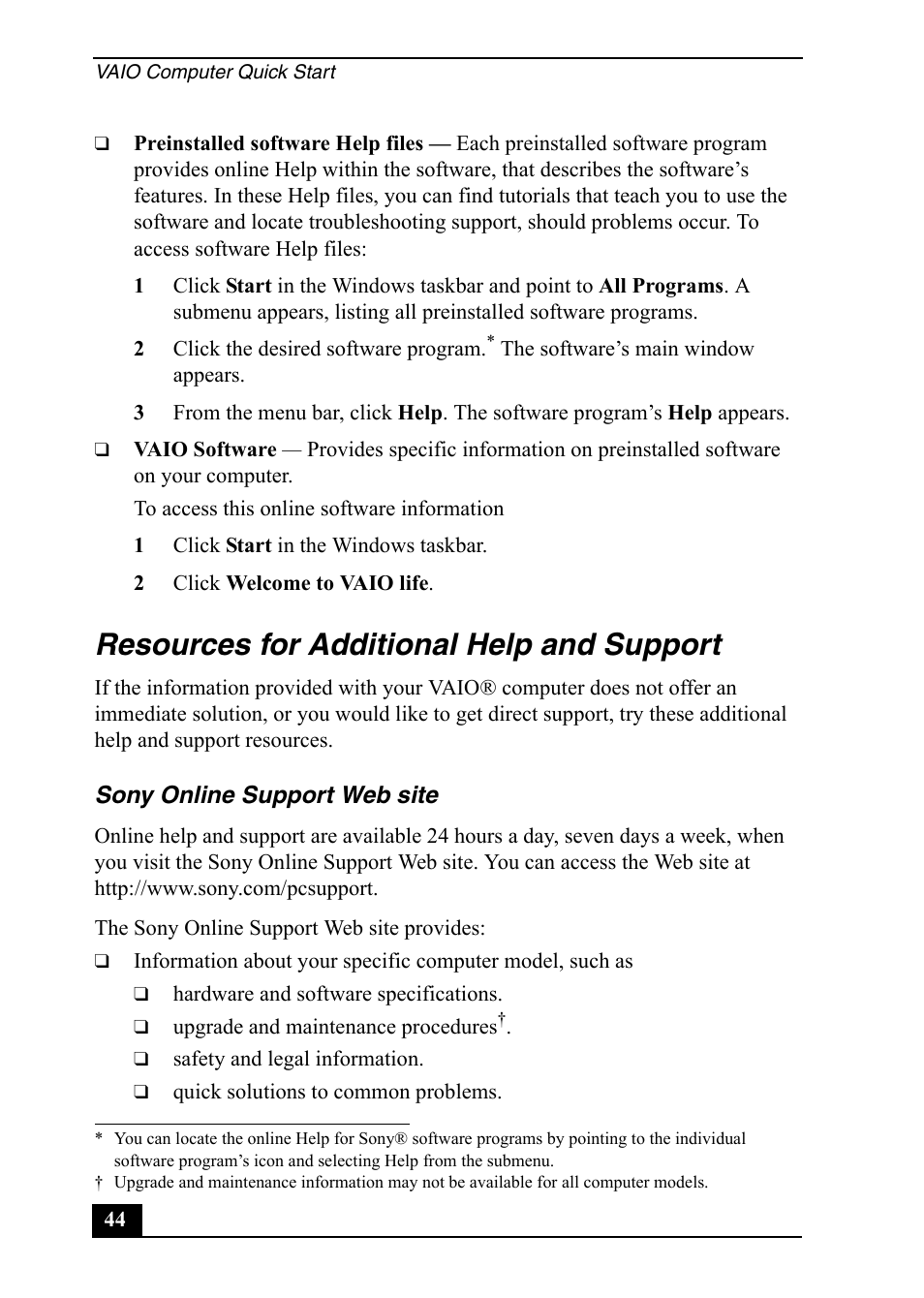 Resources for additional help and support | Sony PCV-RS600 User Manual | Page 44 / 48