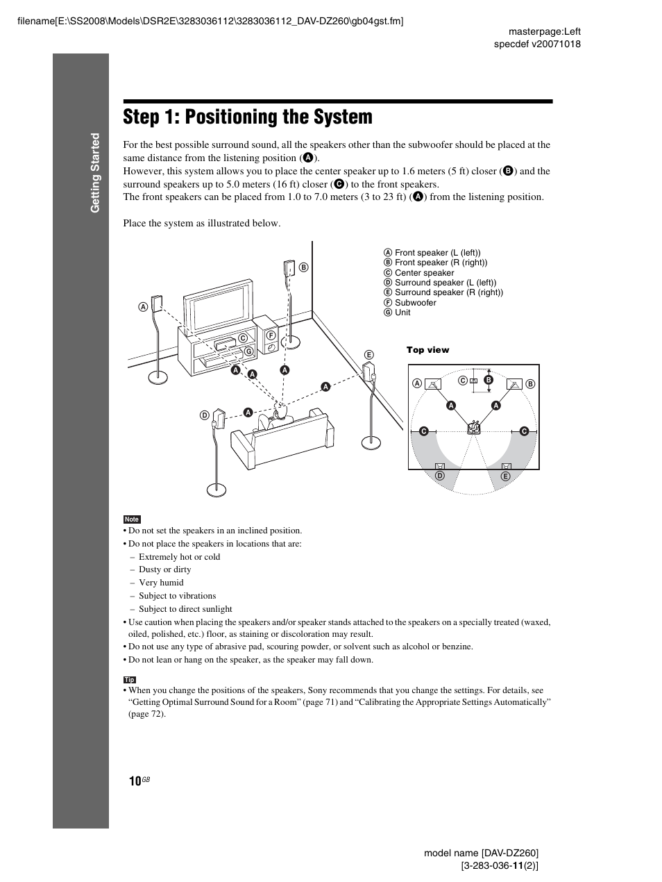 Step 1: positioning the system | Sony DAV-DZ260 User Manual | Page 10 / 104