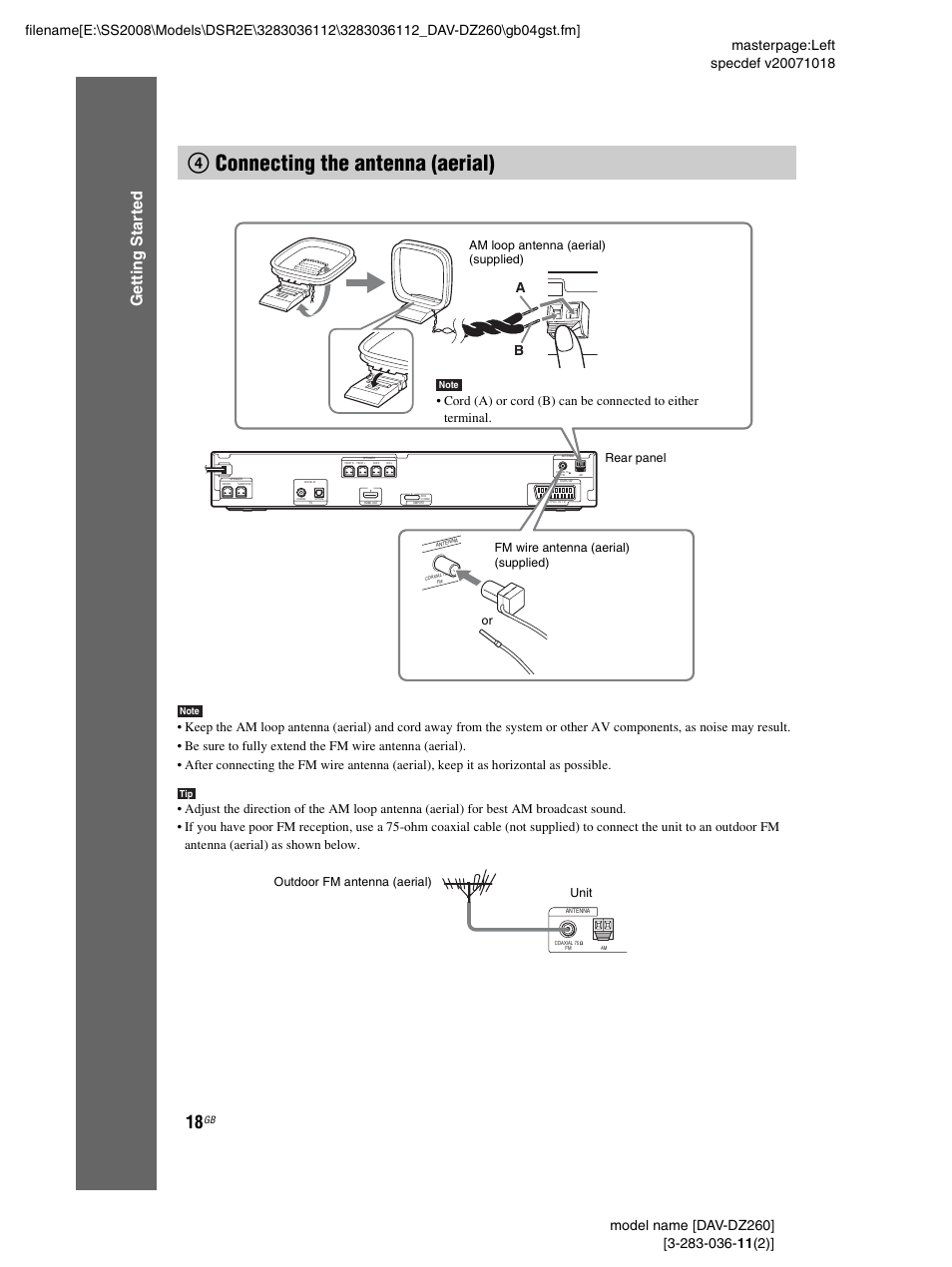 4 connecting the antenna (aerial), 4connecting the antenna (aerial), Ge tting star te d | Outdoor fm antenna (aerial) unit | Sony DAV-DZ260 User Manual | Page 18 / 104