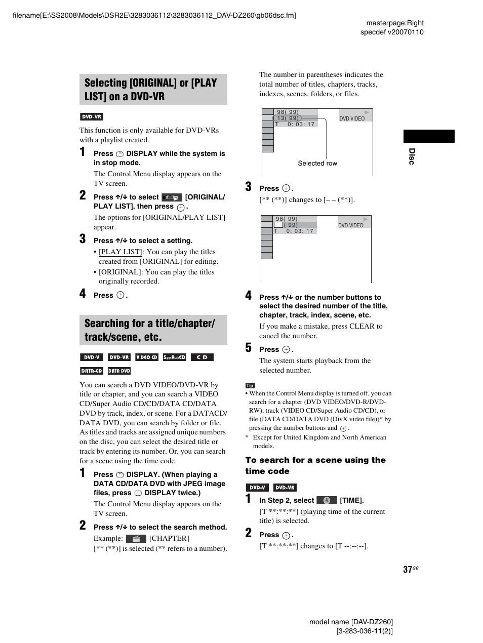 Selecting [original] or [play list] on a dvd-vr, Searching for a title/chapter/ track/scene, etc | Sony DAV-DZ260 User Manual | Page 37 / 104