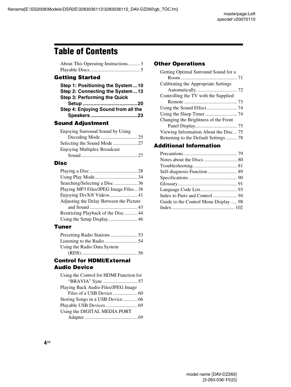 Sony DAV-DZ260 User Manual | Page 4 / 104