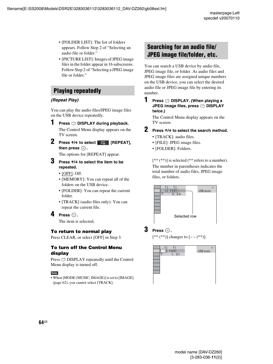 Playing repeatedly | Sony DAV-DZ260 User Manual | Page 64 / 104