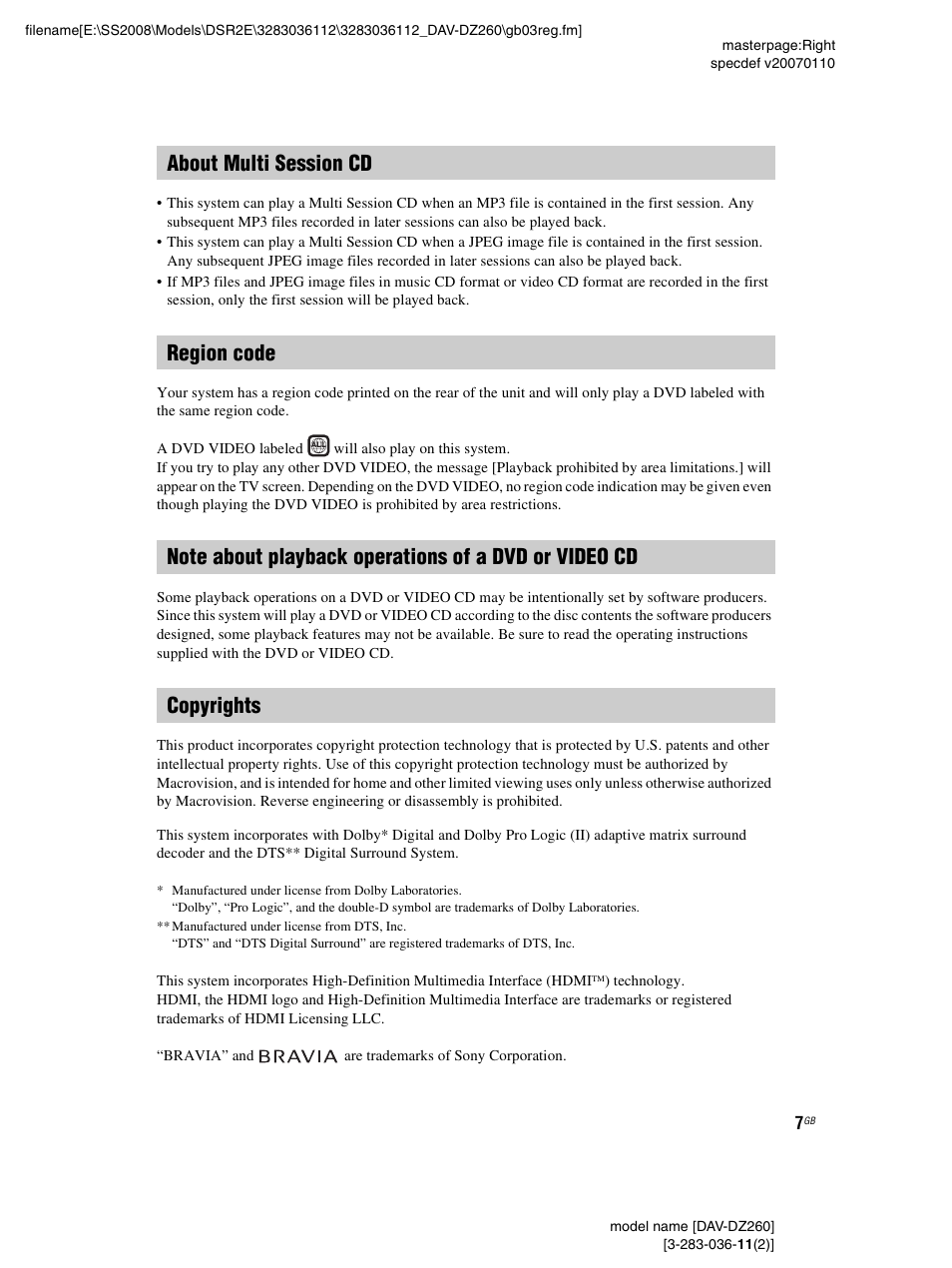 About multi session cd, Region code, Copyrights | Sony DAV-DZ260 User Manual | Page 7 / 104