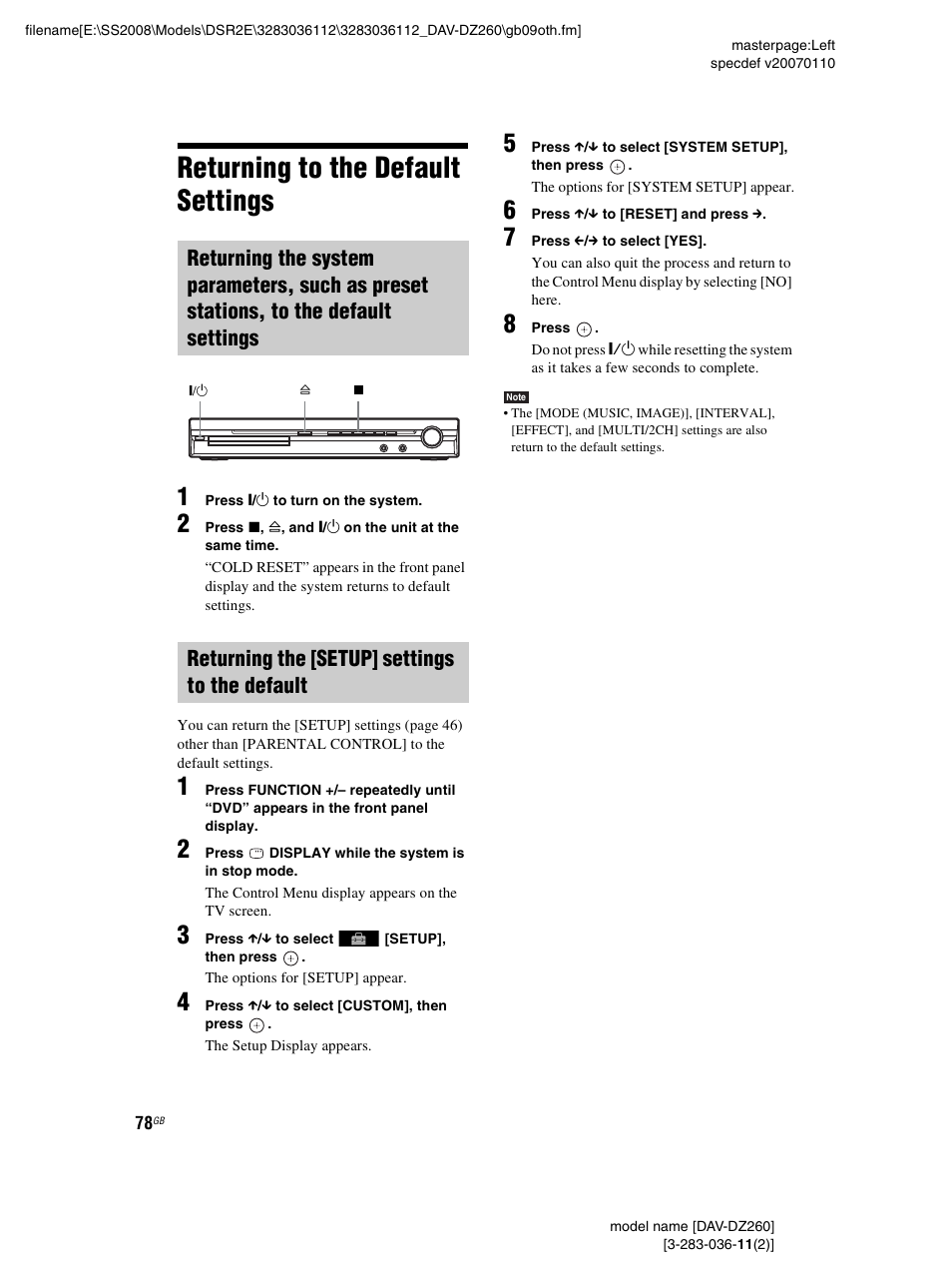 Returning to the default settings, Returning the [setup] settings to the default | Sony DAV-DZ260 User Manual | Page 78 / 104