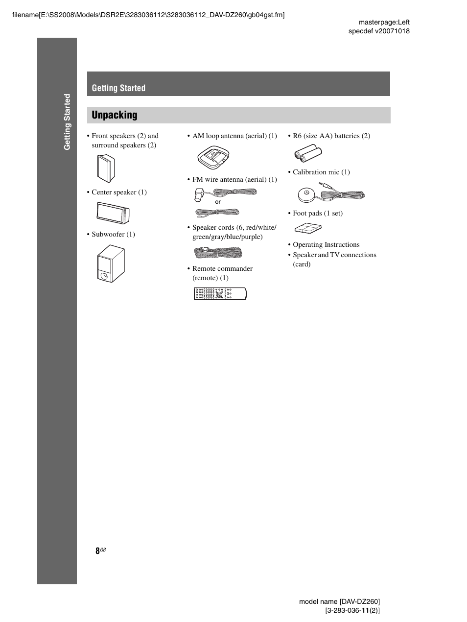 Getting started, Unpacking | Sony DAV-DZ260 User Manual | Page 8 / 104