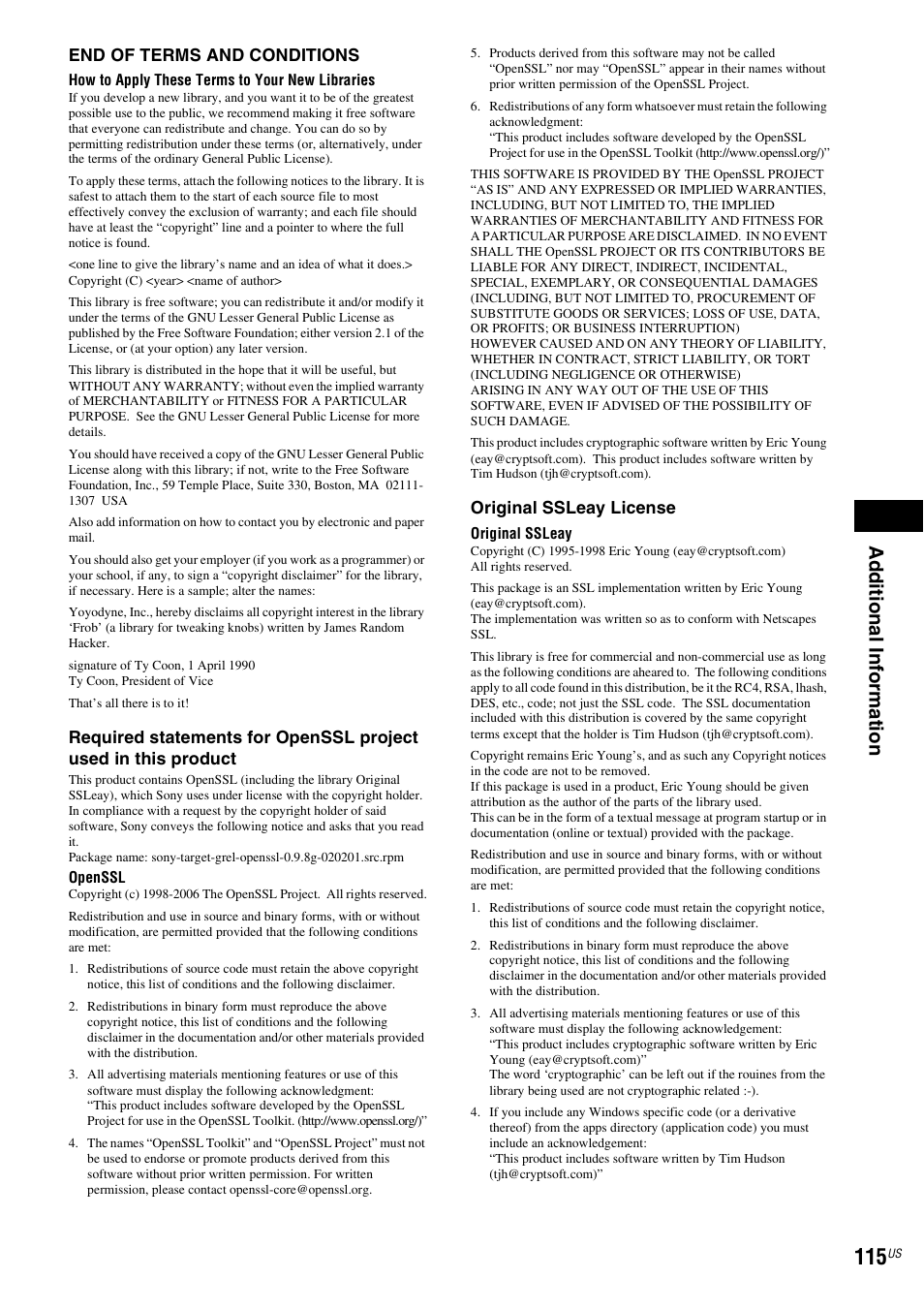 Ad ditio n al inf o rm at ion | Sony BDV-E500W User Manual | Page 115 / 123
