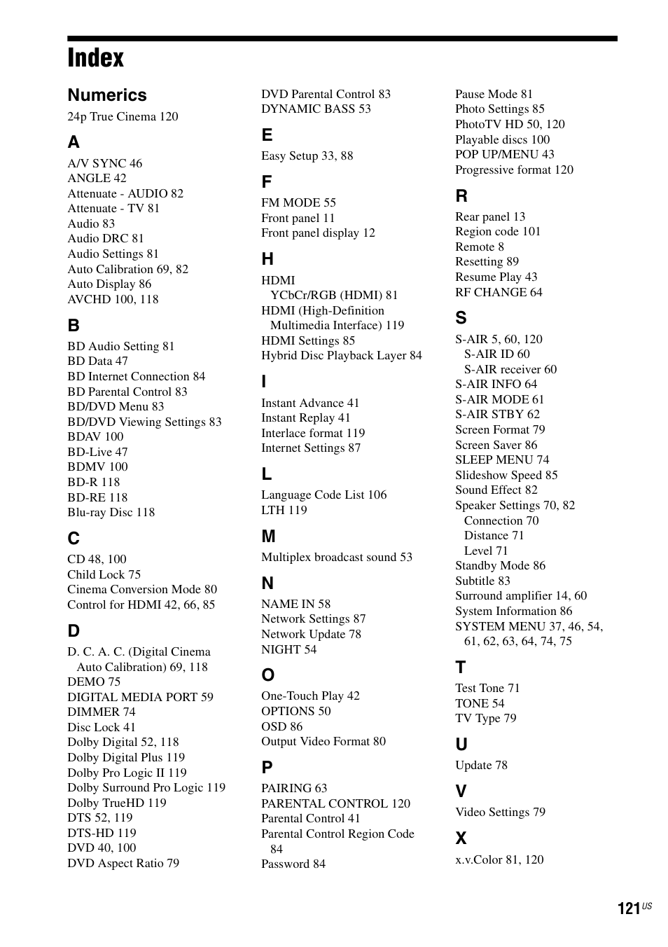 Index, Numerics | Sony BDV-E500W User Manual | Page 121 / 123