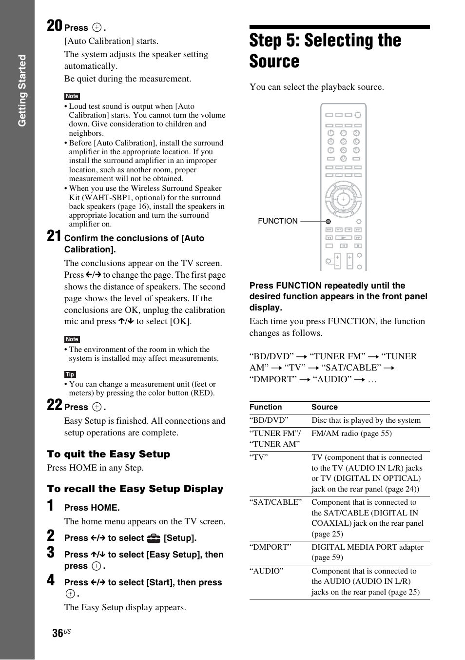 Step 5: selecting the source, Es 36 | Sony BDV-E500W User Manual | Page 36 / 123