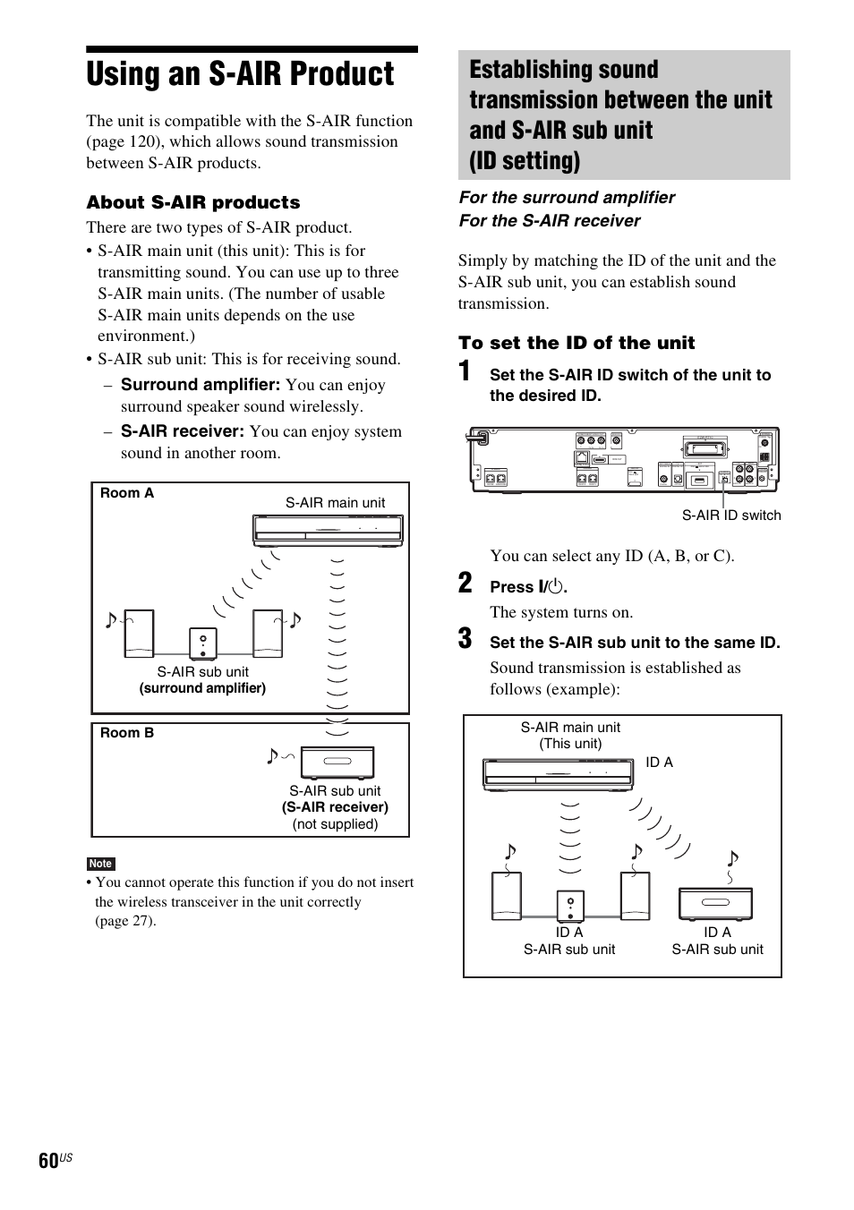 Using an s-air product, About s-air products, You can select any id (a, b, or c) | The system turns on, For the surround amplifier for the s-air receiver, Press " / 1, Set the s-air sub unit to the same id | Sony BDV-E500W User Manual | Page 60 / 123