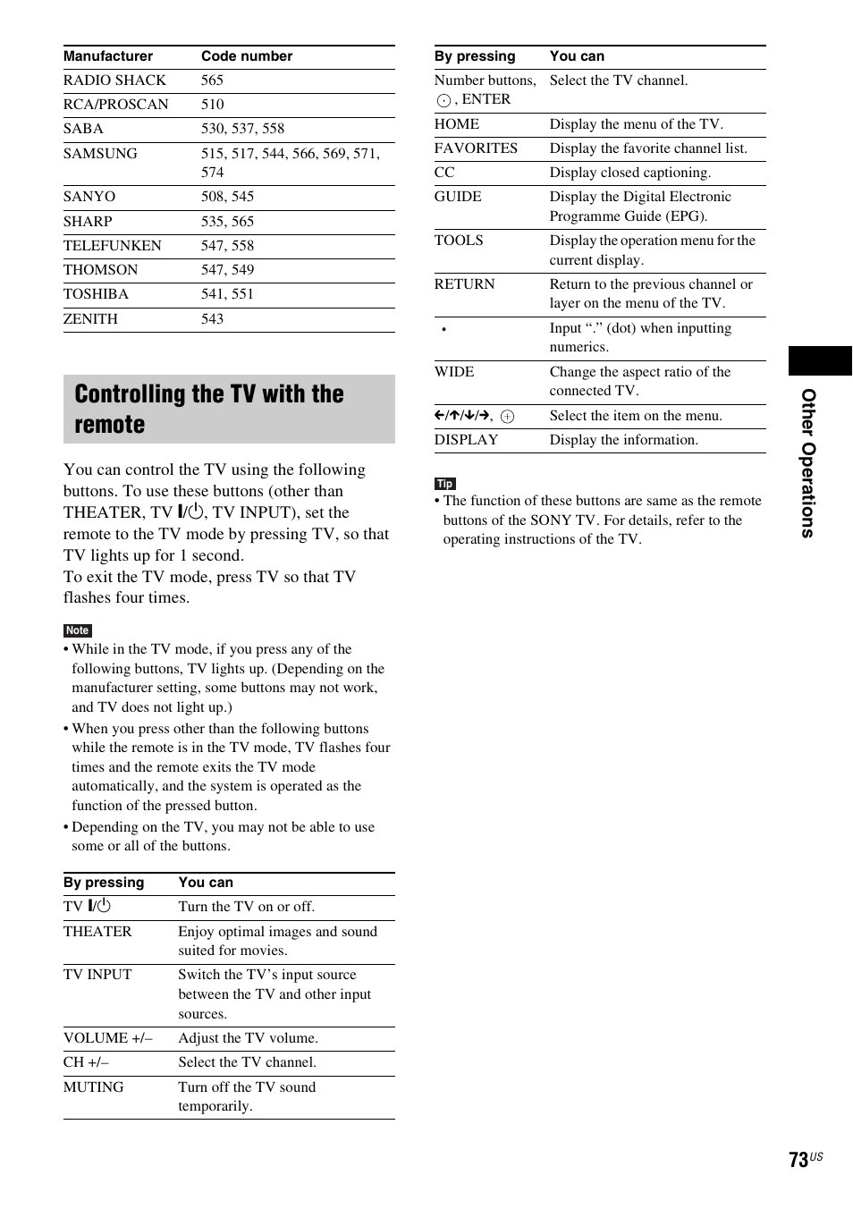 Controlling the tv with the remote | Sony BDV-E500W User Manual | Page 73 / 123