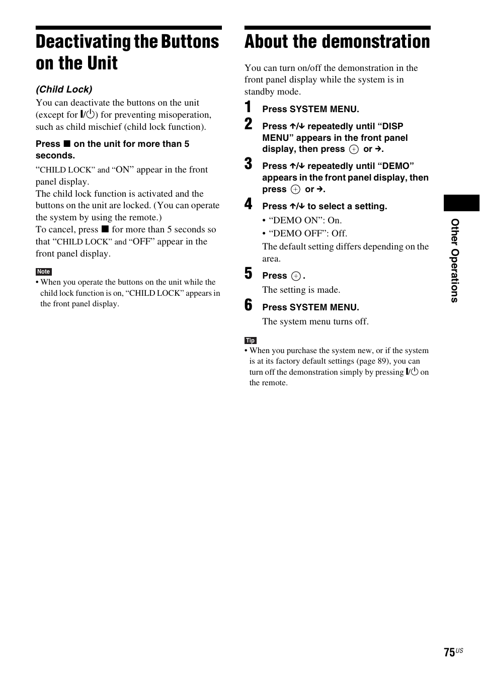 Deactivating the buttons on the unit, About the demonstration | Sony BDV-E500W User Manual | Page 75 / 123