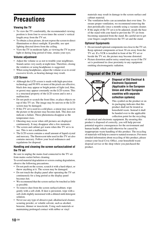 Precautions, Disposal of the tv set | Sony Bravia KDL-26S2030 User Manual | Page 10 / 42