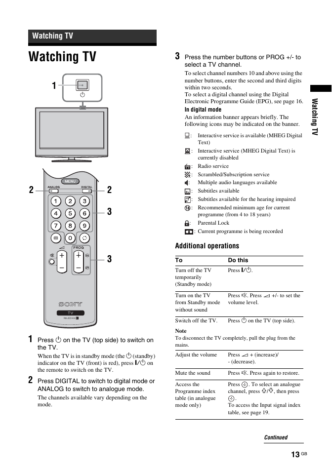 Watching tv | Sony Bravia KDL-26S2030 User Manual | Page 13 / 42