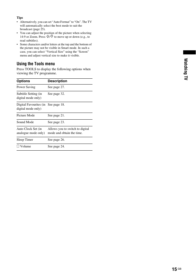 Watching tv, Using the tools menu | Sony Bravia KDL-26S2030 User Manual | Page 15 / 42