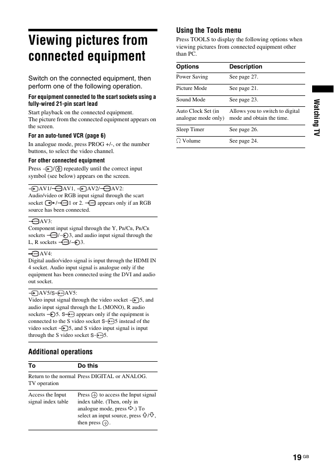 Viewing pictures from connected equipment, Watching tv, Additional operations using the tools menu | Sony Bravia KDL-26S2030 User Manual | Page 19 / 42