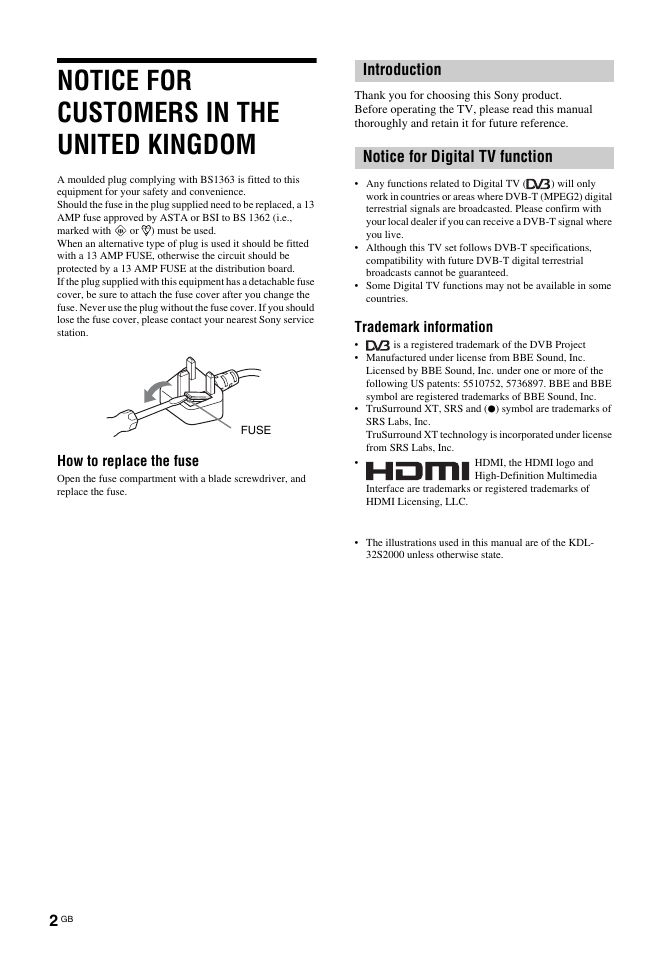 Notice for customers in the united kingdom, Introduction notice for digital tv function, How to replace the fuse | Trademark information | Sony Bravia KDL-26S2030 User Manual | Page 2 / 42