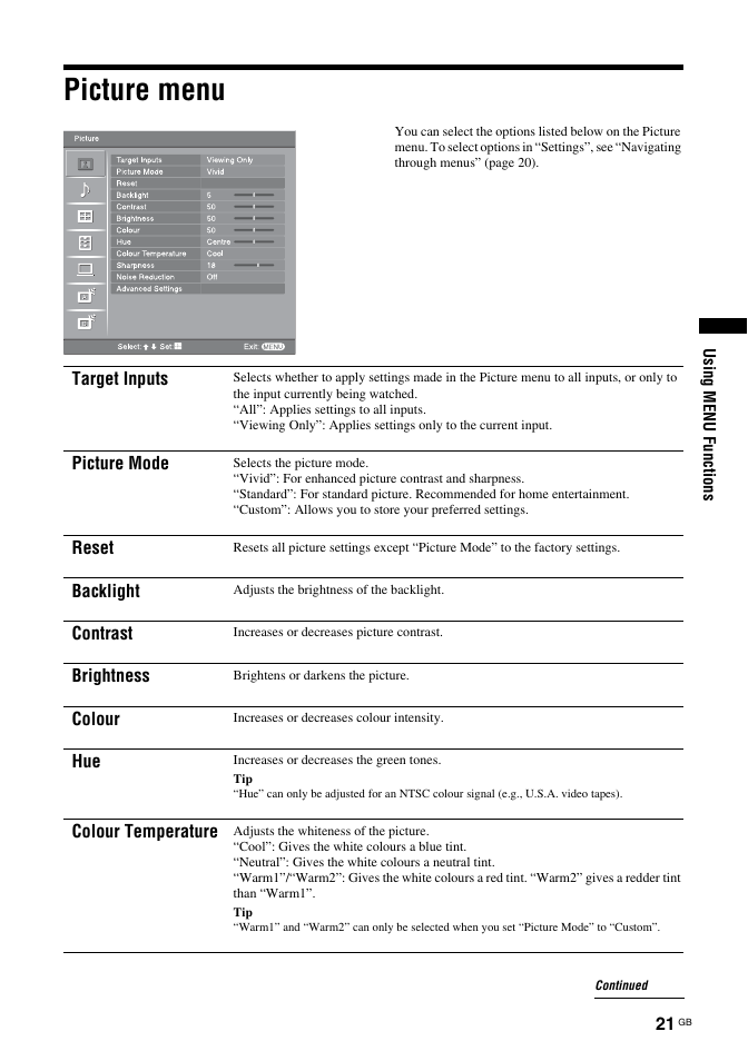 Picture menu | Sony Bravia KDL-26S2030 User Manual | Page 21 / 42