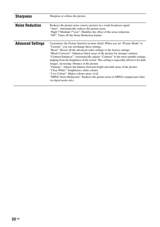Sharpness, Noise reduction, Advanced settings | Sony Bravia KDL-26S2030 User Manual | Page 22 / 42