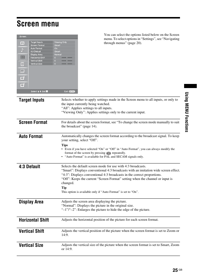 Screen menu | Sony Bravia KDL-26S2030 User Manual | Page 25 / 42
