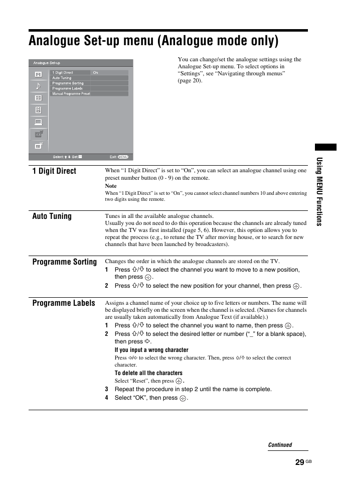 Analogue set-up menu (analogue mode only), 1 digit direct, Auto tuning | Programme sorting, Programme labels | Sony Bravia KDL-26S2030 User Manual | Page 29 / 42