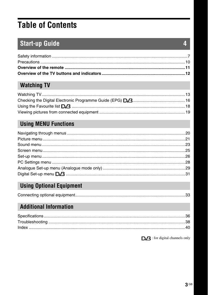 Sony Bravia KDL-26S2030 User Manual | Page 3 / 42