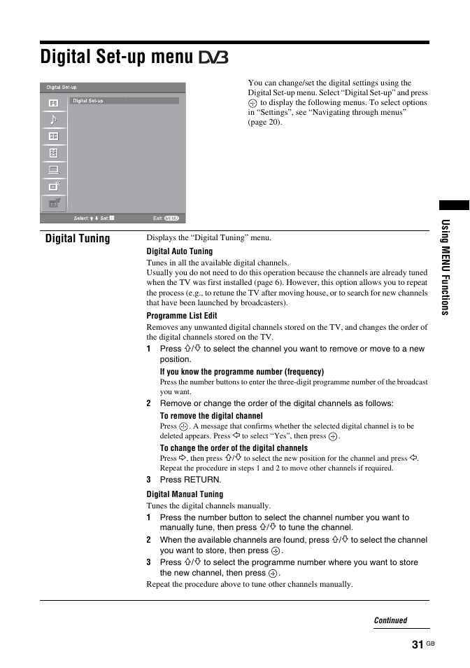 Digital set-up menu, Digital tuning | Sony Bravia KDL-26S2030 User Manual | Page 31 / 42